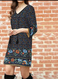 Navy Bohemian Floral print dress, v neck with tassels, above the knee, floral print 