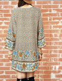 Cream Boho above the Knee dress, open batwing sleeves, v neck, floral print. 