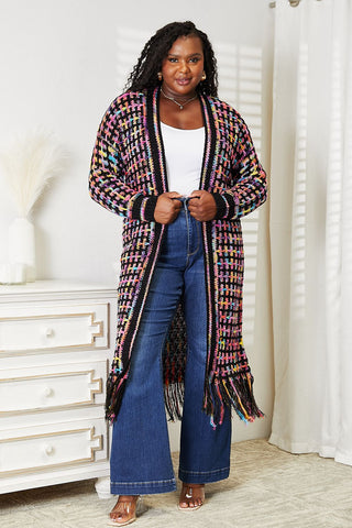 Multicolored Open Front Fringed Cardigan
