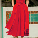 Stunning Red High Waisted Pleated Long Skirt with a Wrap Bow. - The.MaverickLife