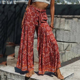 Bohemian Orange Totem Flower Wide Leg Trousers with Bow - The.MaverickLife