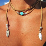 Boho Wrap Necklace with Turquoise Stone and Shell Colored Pendants. - The.MaverickLife