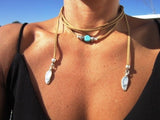 Boho Wrap Necklace with Turquoise Stone and Shell Colored Pendants. - The.MaverickLife