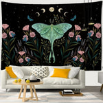 Black Psychedelic Butterfly, Flowers, & Lunar Cycle Horizontal Wall Tapestry - The.MaverickLife