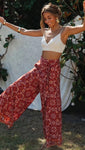 Bohemian Orange Totem Flower Wide Leg Trousers with Bow - The.MaverickLife