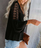 This flowy women's blouse has stunning embroidered and hollowed out Bohemian patterns with a nice v-neck, half sleeves, button decorations, and is a comfortable Cotton pullover shirt.  Whether a lunch date, or for the office; you can show your Bohemian style wherever you go.  