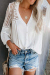 This flowy women's blouse has stunning floral embroidered and hollowed out Bohemian patterns with a nice v-neck, flared half sleeves, button decorations, and is a comfortable Cotton pullover shirt.  Whether a lunch date, or for the office; you can show your Bohemian style wherever you go.  White Color