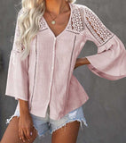This flowy women's blouse has stunning embroidered and hollowed out Bohemian patterns with a nice v-neck, half sleeves, button decorations, and is a comfortable Cotton pullover shirt.  Whether a lunch date, or for the office; you can show your Bohemian style wherever you go.  Light Pink