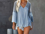 This flowy women's blouse has stunning embroidered and hollowed out Bohemian patterns with a nice v-neck, half sleeves, button decorations, and is a comfortable Cotton pullover shirt.  Whether a lunch date, or for the office; you can show your Bohemian style wherever you go.  Light Blue