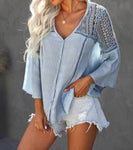 This flowy women's blouse has stunning embroidered and hollowed out Bohemian patterns with a nice v-neck, half sleeves, button decorations, and is a comfortable Cotton pullover shirt.  Whether a lunch date, or for the office; you can show your Bohemian style wherever you go.  Light Blue color