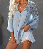 This flowy women's blouse has stunning embroidered and hollowed out Bohemian patterns with a nice v-neck, half sleeves, button decorations, and is a comfortable Cotton pullover shirt.  Whether a lunch date, or for the office; you can show your Bohemian style wherever you go.  Light Blue color