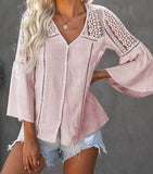 This flowy women's blouse has stunning floral embroidered and hollowed out Bohemian patterns with a nice v-neck, flared half sleeves, button decorations, and is a comfortable Cotton pullover shirt. Whether a lunch date, or for the office; you can show your Bohemian style wherever you go. pink