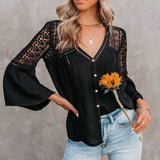 This flowy women's blouse has stunning embroidered and hollowed out Bohemian patterns with a nice v-neck, half sleeves, button decorations, and is a comfortable Cotton pullover shirt.  Whether a lunch date, or for the office; you can show your Bohemian style wherever you go.  Black Color